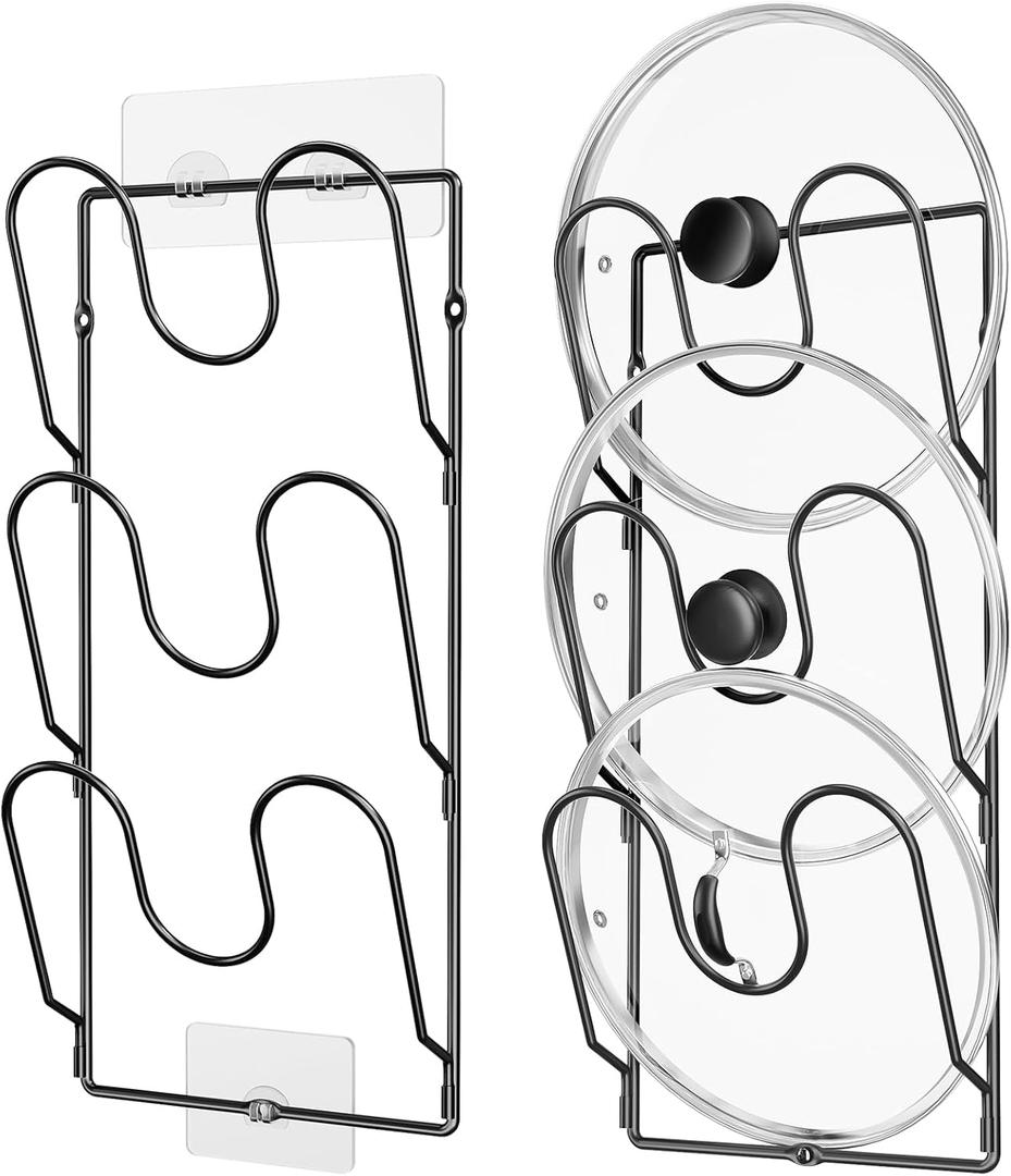 ORDORA 2 Pack Pot Lid Organizer Rack for Cabinet Door, 6-Tier Pot Lid Holders inside Cabinet, No Drilling Adhesive Wall Door Mounted Rustproof Pots and Pans Cover Organizers for Kitchen Storage, Black