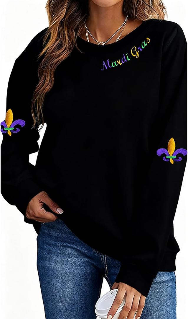 LLHXRUI Embroidery Sweatshirt for Women-Fat Tuesday Long Sleeve T Shirt Carnival Party Pullovers Tops (Large, Black-1)