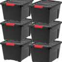 IRIS USA 32 Qt Stackable Plastic Storage Bins with Lids, 6 Pack - BPA-Free, Made in USA - Garage Organizing Solution, Latches, Durable Nestable Containers, Secure Pull Handle - Black
