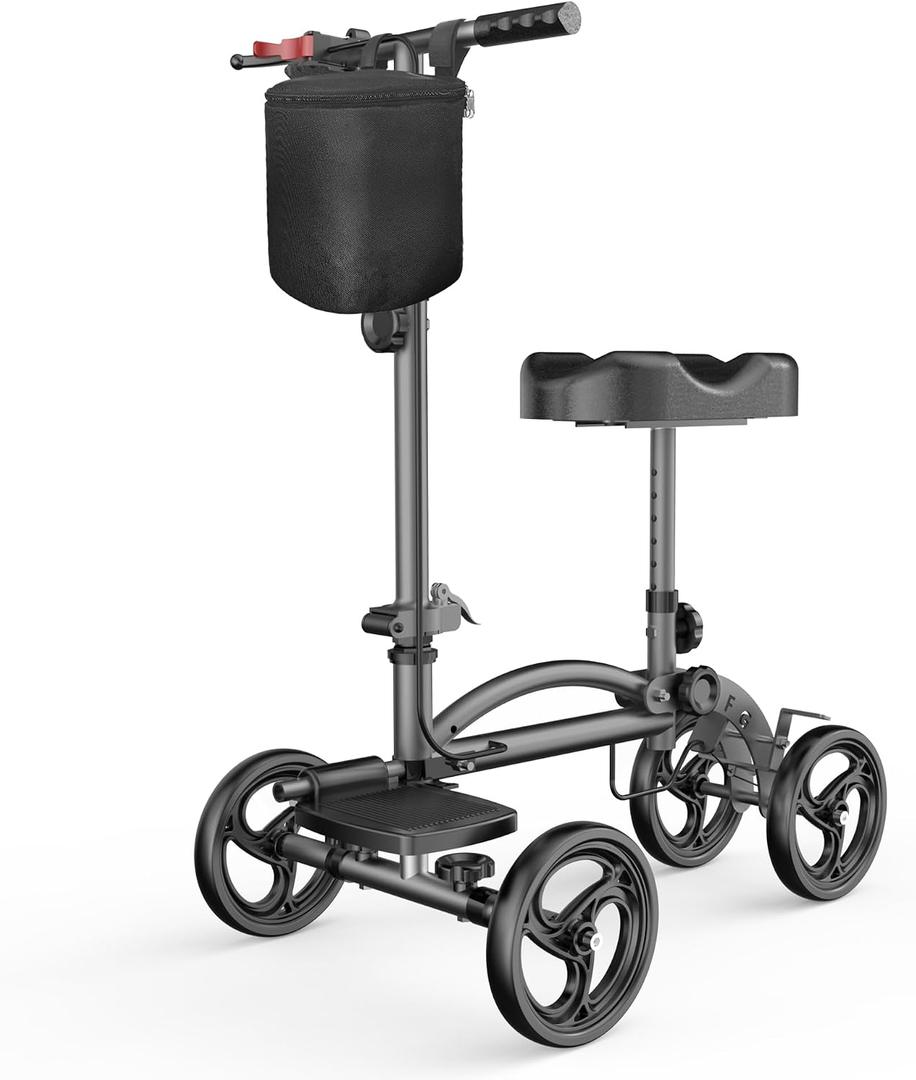 Knee Scooter Foldable Knee Scooter for Adults for Foot Surgery with Bag Steerable Knee Walker with Adjustable Footrest Knee Walker for Ankle Foot Recovery Crutch Alternative Dark Grey