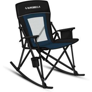 Folding Rocking Camping Chair Portable Outdoor Rocker with High Mesh Back, Handrail Bars, Carry Bag, Cup Holder, Bottle Opener, Supports 400 lbs, Black&Blue