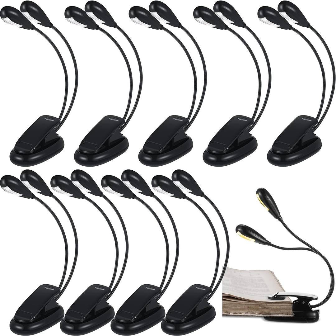 10 Pcs LED Book Light USB and AAA Battery Operated Music Stand Clip on Reading Light 4 Brightness Levels Dual Arm Clip Lamp for Eye Protection Bookworms Orchestra Readers Piano Player (Black)