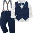 CARETOO Toddler Baby Boy Clothes Suit 5Pcs Gentleman Wedding Outfit Dress Shirt+Vest+Bow Tie+Suspender Pant Formal Set 4-5T