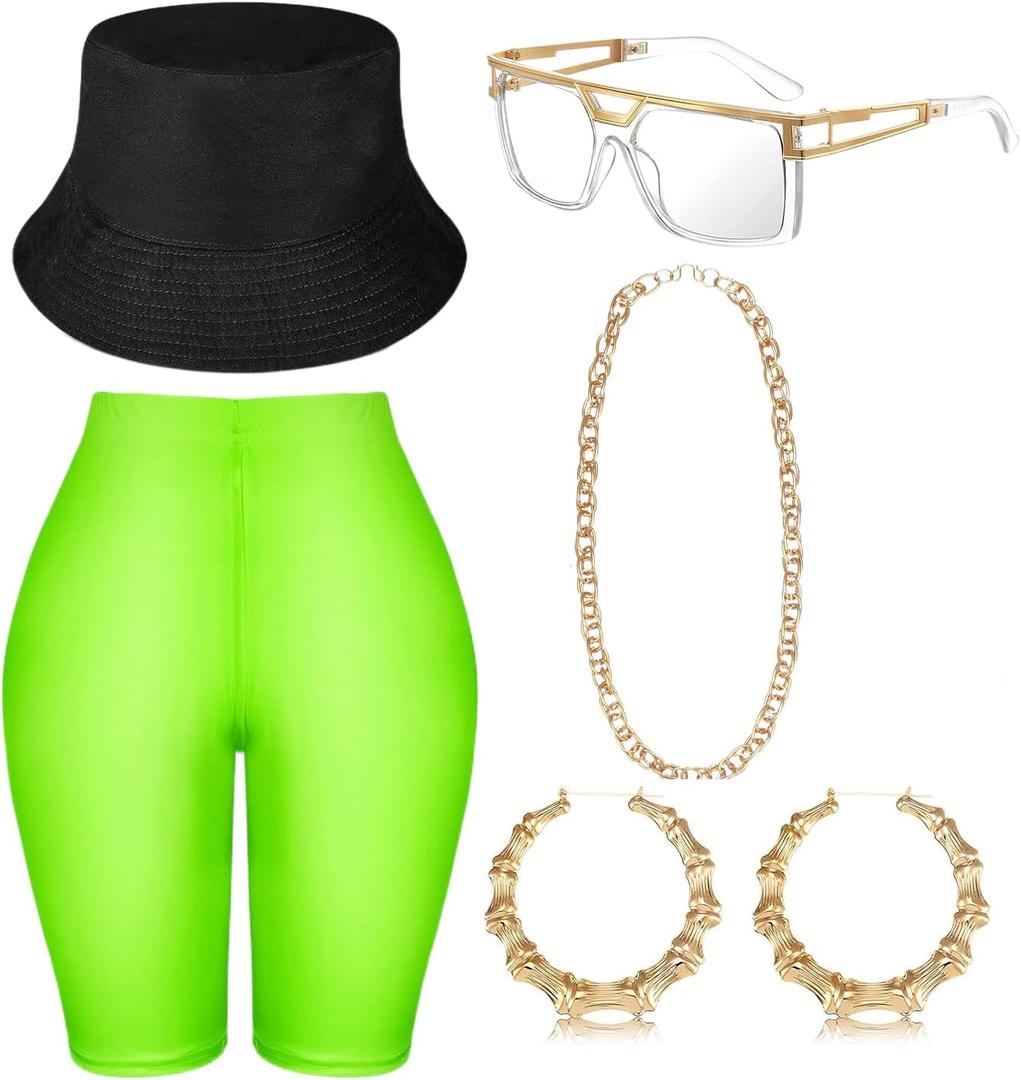 Hip Hop Costume Kit 80s 90s Yoga Pants Jewelry Outfit Christmas Rapper Accessories for Women, One size