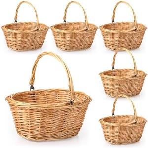 Barydat 6 Pcs Small Wicker Picnic Basket with Handle Flower Girl Baskets Oval Willow Woven Braided Gift Basket for Weddings Baby Shower Summer Home Garden Decor(9" X 7" X 4",Khaki)