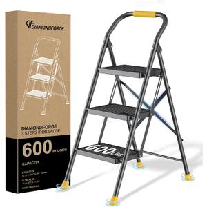 Step Ladder Foldable Folding Stool - for Home Adults Kitchen 3 Stepping Extension Tall Heavy Duty with Handrails - Closet Stepstool Stair Ladders Extendable Stepladder for Indoor House 600Lbs
