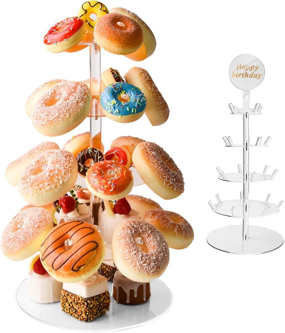 4 Tier Acrylic Donut Stand with 22 Pegs, Dessert Table Display for Doughnuts, Bagels, Cupcakes, Donut Tower Stand for Birthday Wedding Party Baby Shower Christmas 9.84 x 16.93in