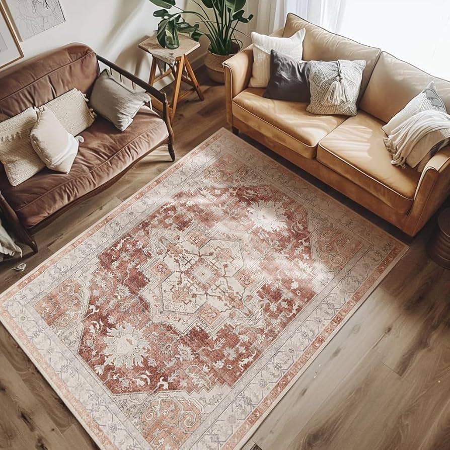 jinchan Area Rug 6ftx9ft Floral Brick Red Rug Distressed