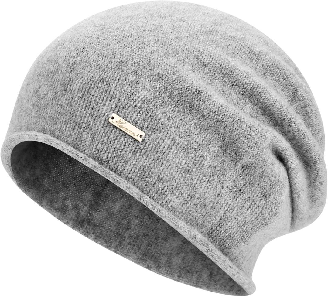 HAMUNI 100% Wool Slouchy Beanie, Warm Beanie Hats for Women Breathable Knitting Skull Beanies Cap for Spring Fall Winter (Light Grey)