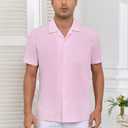 Men's Short Sleeve Button Down Shirt Cuban Collar Anti-Wrinkle Shirt Casual Summer Beach Shirt (Pink, XXXL)