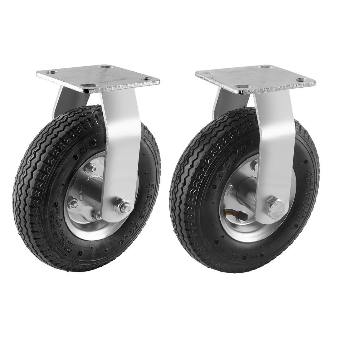 (2 Pack) RRQ 8 Inch Caster Wheels, Pneumatic Rigid Caster Wheels with Zinc Top Plate for Cart, Dolly, Trolley, Workbench and Wagon, All Terrain Casters, Black Rubber Wheels, 590 Lbs Total Capacity