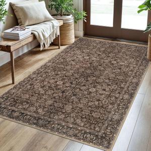 3x5 Washable Area Rug for Entryway, Rust Reddish Brown Soft Floral Rug with Non-Slip, Low-Pile Vintage Neutral Area Rugs for Entryway Nursery Bedroom Dining, Dorm Carpet with Non-Shedding