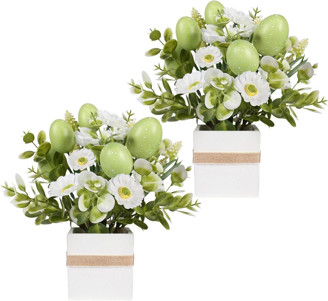 JIALEIXI Easter Decorations, 2 PCS Easter Artificial Flower Egg Potted Table Decorations, for Home Farmhouse Fireplace Holiday Spring Summer Indoor Party Decor (Green)