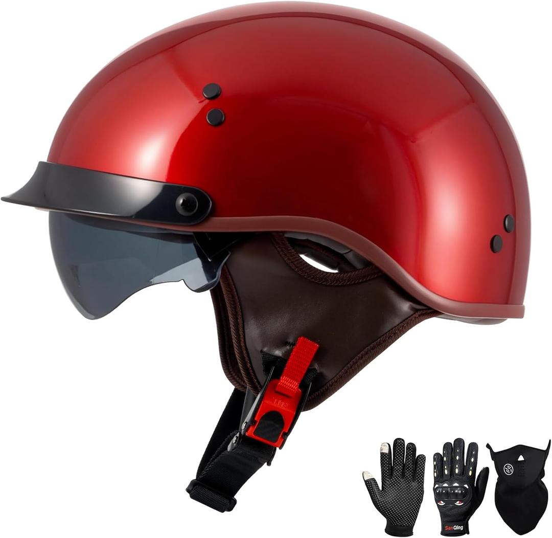 DOT Approved Motorcycle Half Helmet for Adults, Lightweight Retro Open Face Half Shell Helmet for Cruiser Scooter Chopper Moped Street Bike, Men Women Universal Casco (Red, XL)