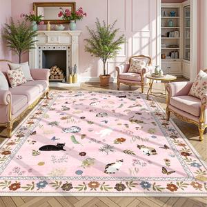 AIMPEAK Pink 6x9 Washable Area Rug - Non Slip Low Pile Cat Floral Boho Vintage Carpet for Living Room, Bedroom, Farmhouse, Dining Room, Nursery, Kids Playroom, Pink Multi