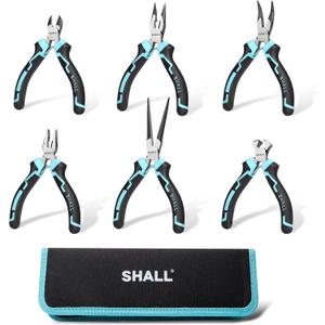 SHALL Mini Pliers Set, 6-Piece Small Pliers Tool Set Includes Needle Nose, Long Nose, Bent Nose, Diagonal, End Cutting and Linesman for Making Crafts, Electronic Repairing & Jewelry with Pouch