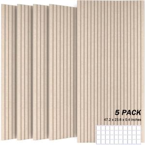 5 Pack Acoustic Panels, 47.2" X 23.6" X 0.4" Decorative Sound Proof Felt Panels, Sound Dampening Panels, Self-Adhesive Sound proof panels for walls, Creative Slotting Design, (Deep Camel)