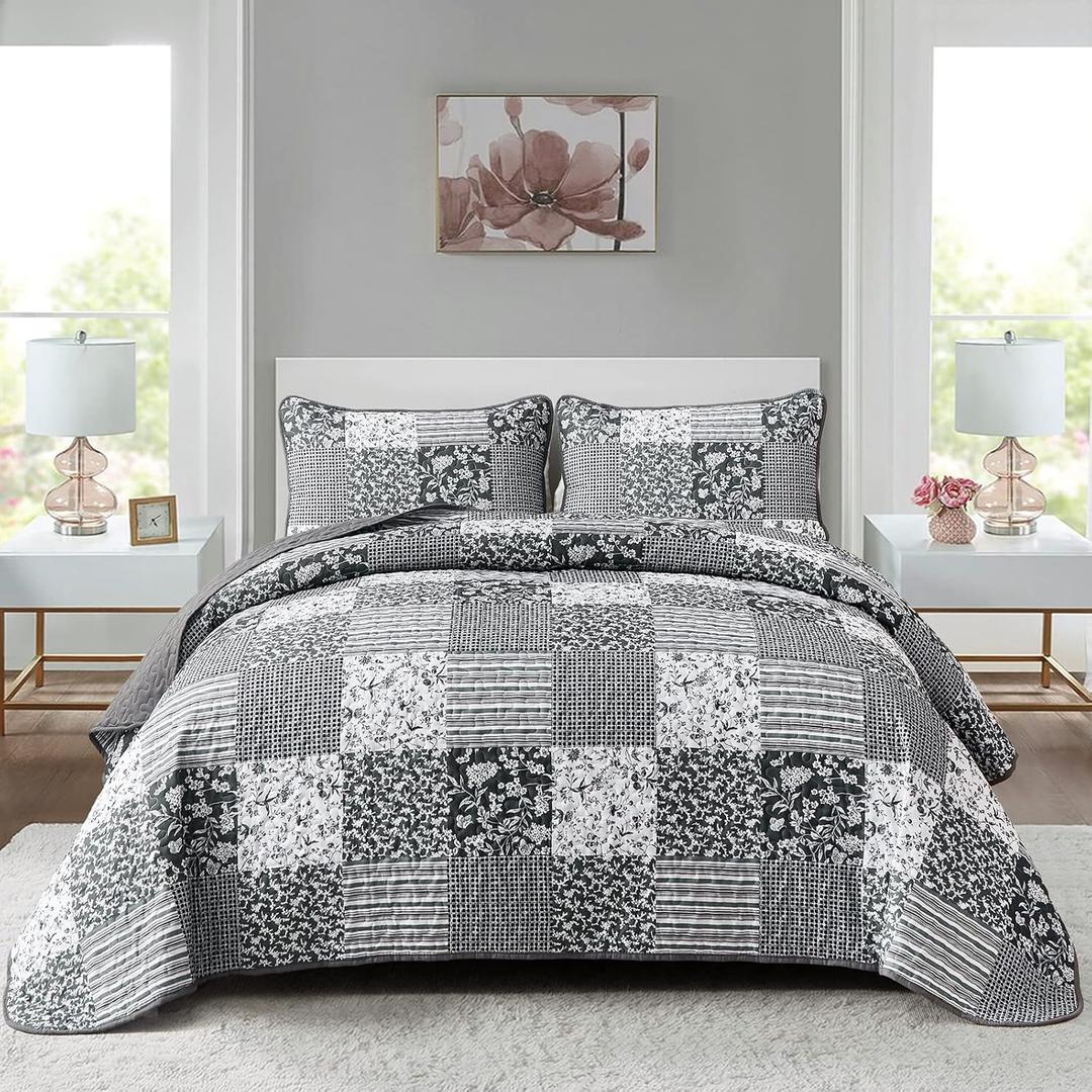 Mybedsoul Black Grey Boho Quilt Set Queen Size,3 Pieces Plaid Floral Bedspread Coverlet Set for All Season,Patchwork Reversible Bedding Set Queen 90"x96"