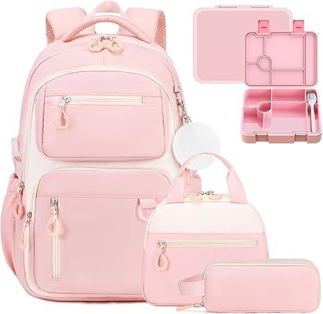 Bevalsa School Backpack for Girls, Bookpack with Bento Lunch Box, Insulated Bag & Utensils, 43oz Lunch Containers with 6 Compartment Schoolbag Set for Kids Elementary Middle Student (Pink) Bevalsa School Backpack for Girls, Bookpack with Bento Lunch Box, Insulated Bag & Utensils, 43oz Lunch Containers with 6 Compartment Schoolbag Set for Kids Elementary Middle Student (Pink)