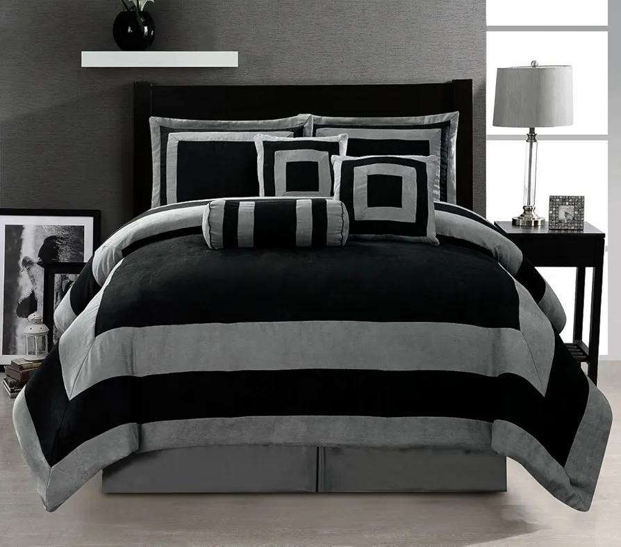 Oversize Black/Grey Comforter Micro Suede Patchwork Bed in A Bag King Size Bedding