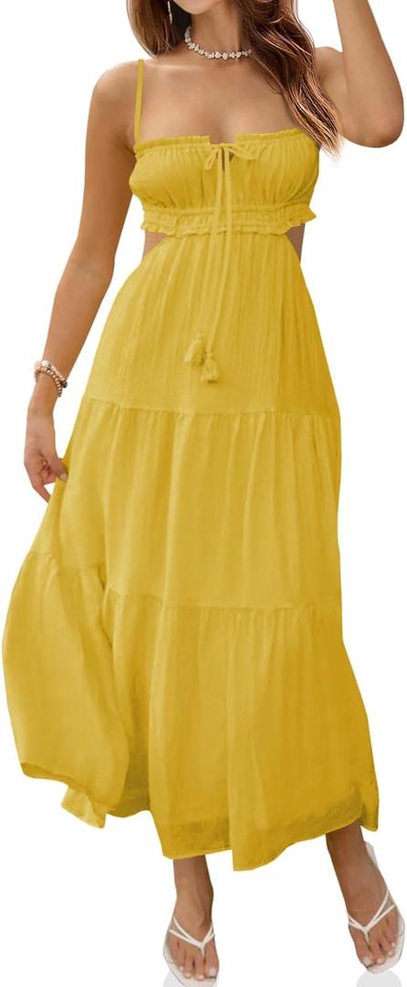Fisoew Women's Spaghetti Strap Maxi Dress Summer Sleeveless Side Cut Out Dress Casual Boho Backless Flowy Long Dresses (Large, Yellow)