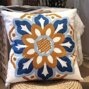 Outdoor Embroidered Floral Throw Pillow Covers 18x18 Inch, Cotton Canvas, Boho Chic Cushion Cases for Patio, Garden & Balcony (Sunflower)