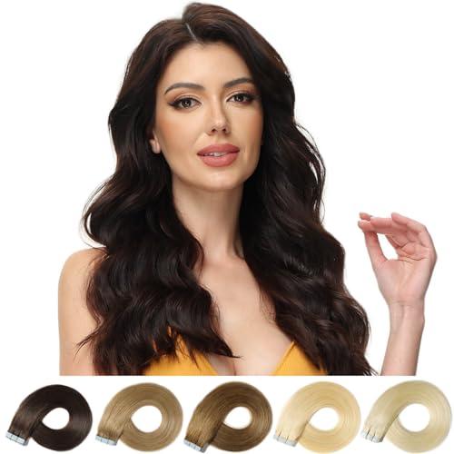 ROSEBUD Tape in Hair Extensions REMY Human Hair, Secure Skin Weft Hair Extensions Seamless Soft 40g/Pack 2Pcs 10 Inch Medium Brown & Dark Blonde Mixed
