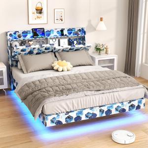 Floating Queen Bed Frame with Storage Headboard, Upholstered Platform Floating Bed Frame Queen with LED Lights, Charging Station with 2 USB Ports, Noiseless, Blue