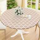 Smiry Round Picnic Tablecloth, Waterproof Elastic Fitted Table Covers for 45" - 56" Tables, Wipeable Flannel Backed Vinyl Tablecloths for Camping, Indoor, Outdoor, Khaki & White