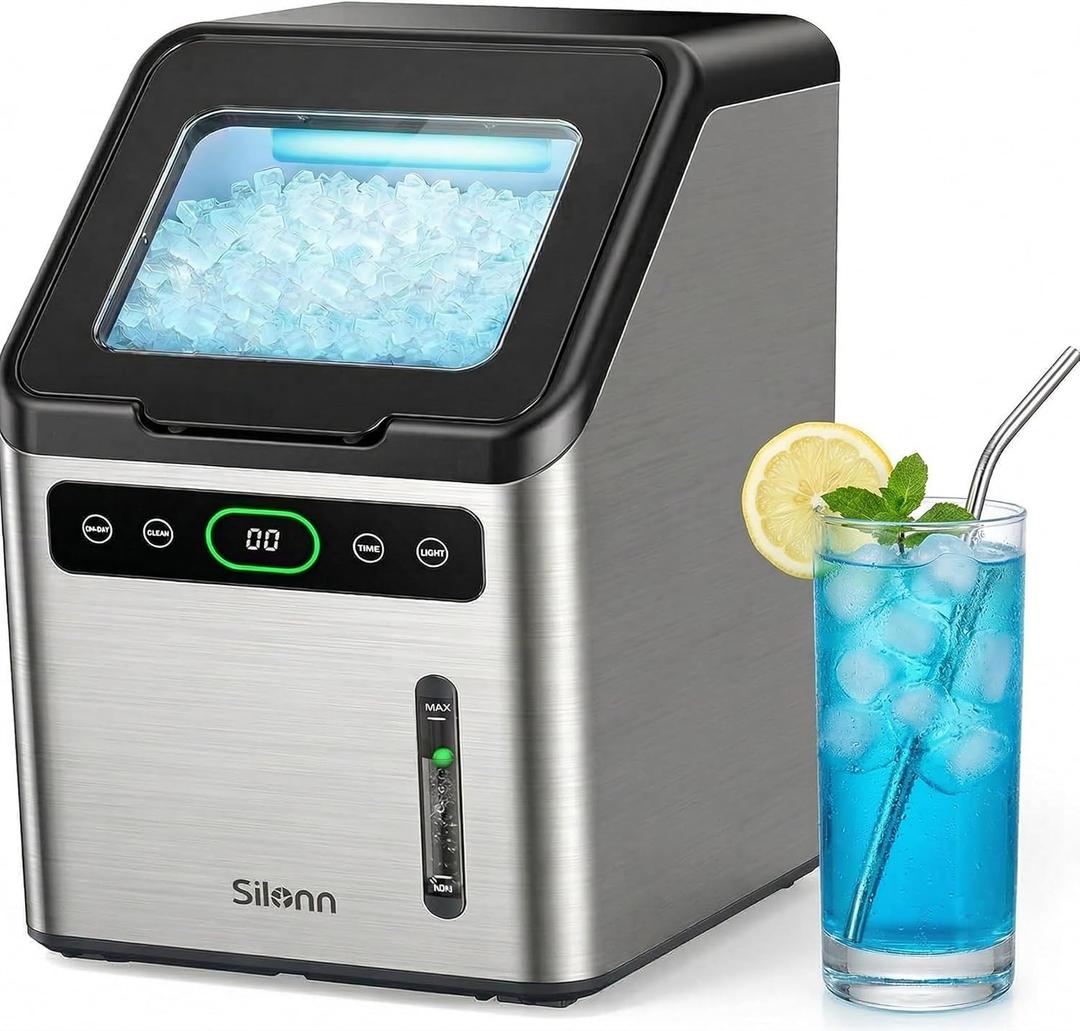 Silonn Nugget Ice Maker Countertop - 44lbs/Day Soft Chewable Pebble Ice, Self-Cleaning One-Click Operation, Stainless Steel