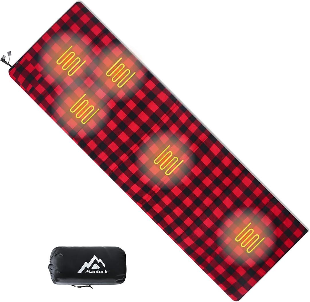 Heated Sleeping Bag pad, Operated by 5V/2A USB Power Supply (Battery NOT Included). Black & Red Flannel.