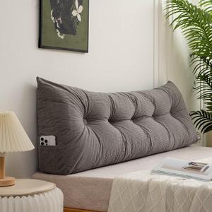 Triangular Headboard Pillow Twin XL for Dorm Bed Sitting Resting | Bed Wedge Pillows for Headboard Gap ,Long Bolster Cushion for Daybed ,with Side Pockets,Grey,39*4.7*15.7in