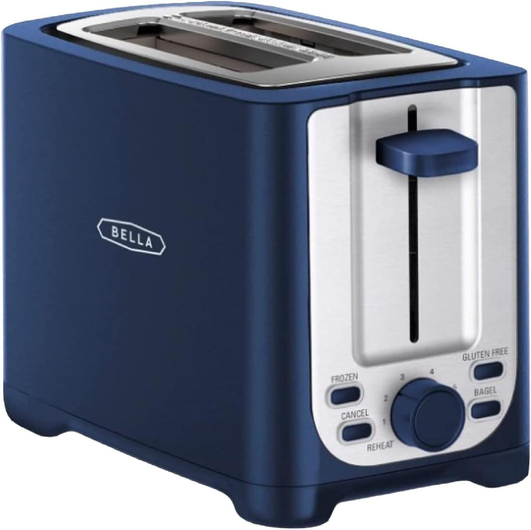 BELLA 2 Slice Toaster with Auto Shut Off - Extra Wide Slots & Removable Crumb Tray and Cancel, Defrost & Reheat Function - Toast Bread, Bagel & Waffle, Blue