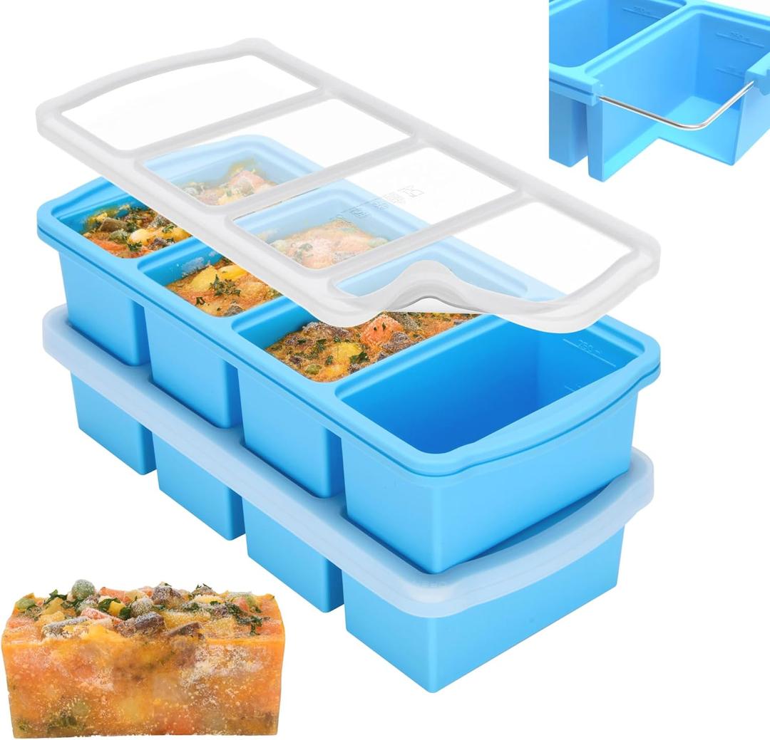 ZIP STANDING Silicone Freezer Trays with Lid,1-cup Soup Freezer Container large Ice Cube Molds with Reinforced Steel Ring Top for freezing Soup Sauce Broth Leftovers oven Dishwasher -Safe(2-Pack)