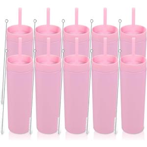 Volhoply 16oz Plastic Skinny Tumbler With Lid and Straw Bulk 10 Pack,Insulated Double Wall BPA Free Matte Acrylic Tumblers,Iced Coffee Travel Mug Reusable Party Cup,Customizable Diy Gifts(Pink,10 Set)