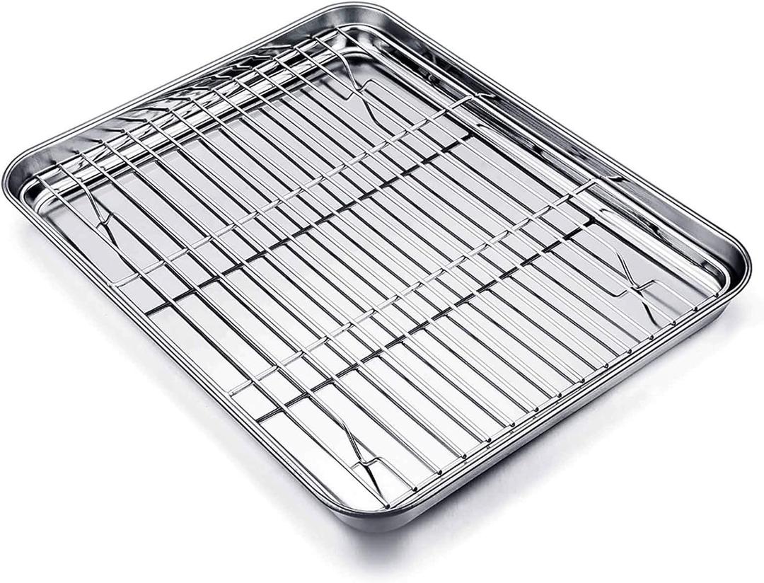 TeamFar Baking Tray and Rack Set, Stainless Steel Baking Pan Cookie Sheet with Cooling Rack, 12.5 x 9.5 x 1 inch, Non Toxic & Healthy, Easy Clean & Dishwasher Safe