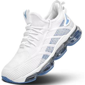 Pozvnn Mens Running Shoes Air Cushion Slip on Walking Tennis Sneakers Fashion Casual Breathable Trail Sport Gym (11, White Blue)