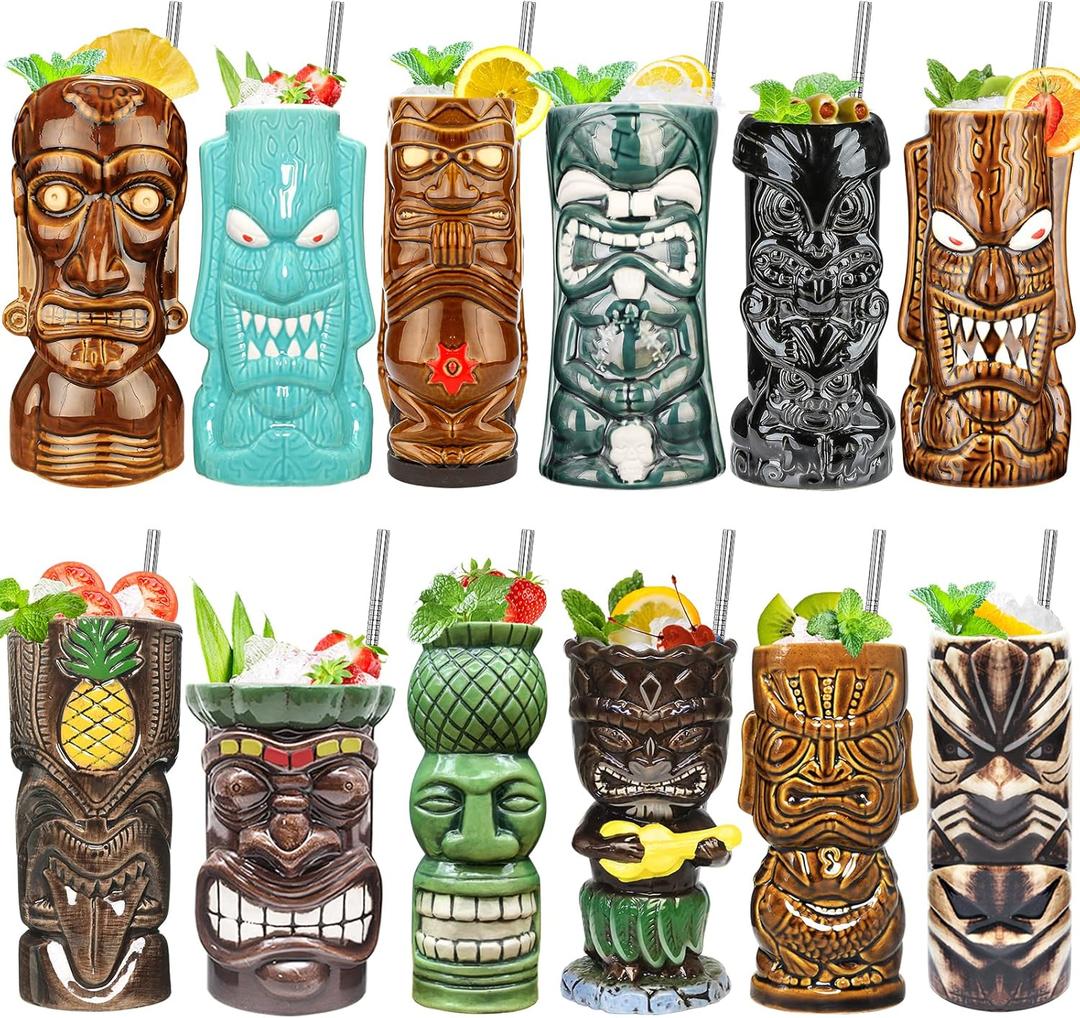SuproBarware Tiki Mugs Set of 12, Ceramic Tiki Mugs for Hawaiian Party,Creative Tiki Mug Set for Cocktails Glasses, Tiki Drinking Bar Decorations Premium Tropical Cups Drinks for Exotic Party 12PCS