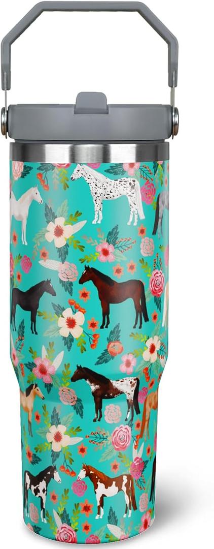30 oz Horse Tumbler with Handle and Flip Straw, Vacuum Insulated Water Bottle Stainless Steel, Leak Proof Travel Coffee Mug Gifts for Horse Lover, Cute Floral Cup for Home Office Car Outdoors Sports