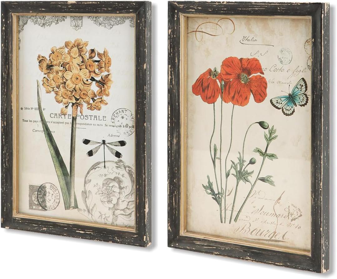 NIKKY HOME Vintage Botanical Wall Art Set of 2, Rustic Wooden Framed Floral Flower Plant Butterfly Pictures Prints Poster Decor for Bathroom Bedroom Living Room Kitchen Office, 13 x9 Inch