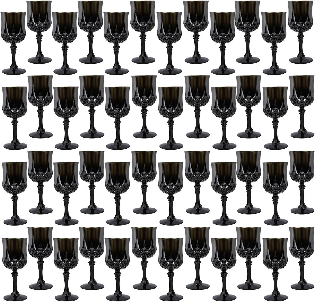 Plastic Wine GlassesPlastic Goblets Vintage Style Cordial Drinking Glasses for Wedding Reception, Grand Event Party Supplies (48, Black)