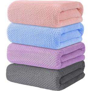 4 Pack Bath Towel Set, Lightweight Waffle Bath Towel Set, Microfiber Super Soft Highly Absorbent, Sturdy Quick Drying Towels for Bathroom, Gym, SPA, Yoga (4 Pack) (1grey+1purple+1blue+1lightpink)