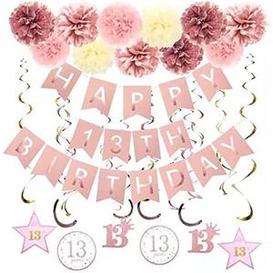 2 x Rose Gold 13th Birthday Party Decors , Rose gold Glittery Happy 13th Birthday Banner,Poms,Sparkling Hanging Swirls Kit for 13th Birthday Party Supplies