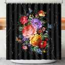 Lokigo Black Flowers Shower Curtain, Shower Curtain Colorful Floral, Polyester Fabric Waterproof Shower Curtains for Bathroom Decoration, Modern Shower Curtain Set with 12 Hooks, 72" x 72"