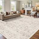 8x10 Area Rugs for Living Room, Washable Vintage Retro Floral Rug, Low Pile Non Slip Distressed Large Carpet for Bedroom, Dining Room, Office, Home (Light Brown)