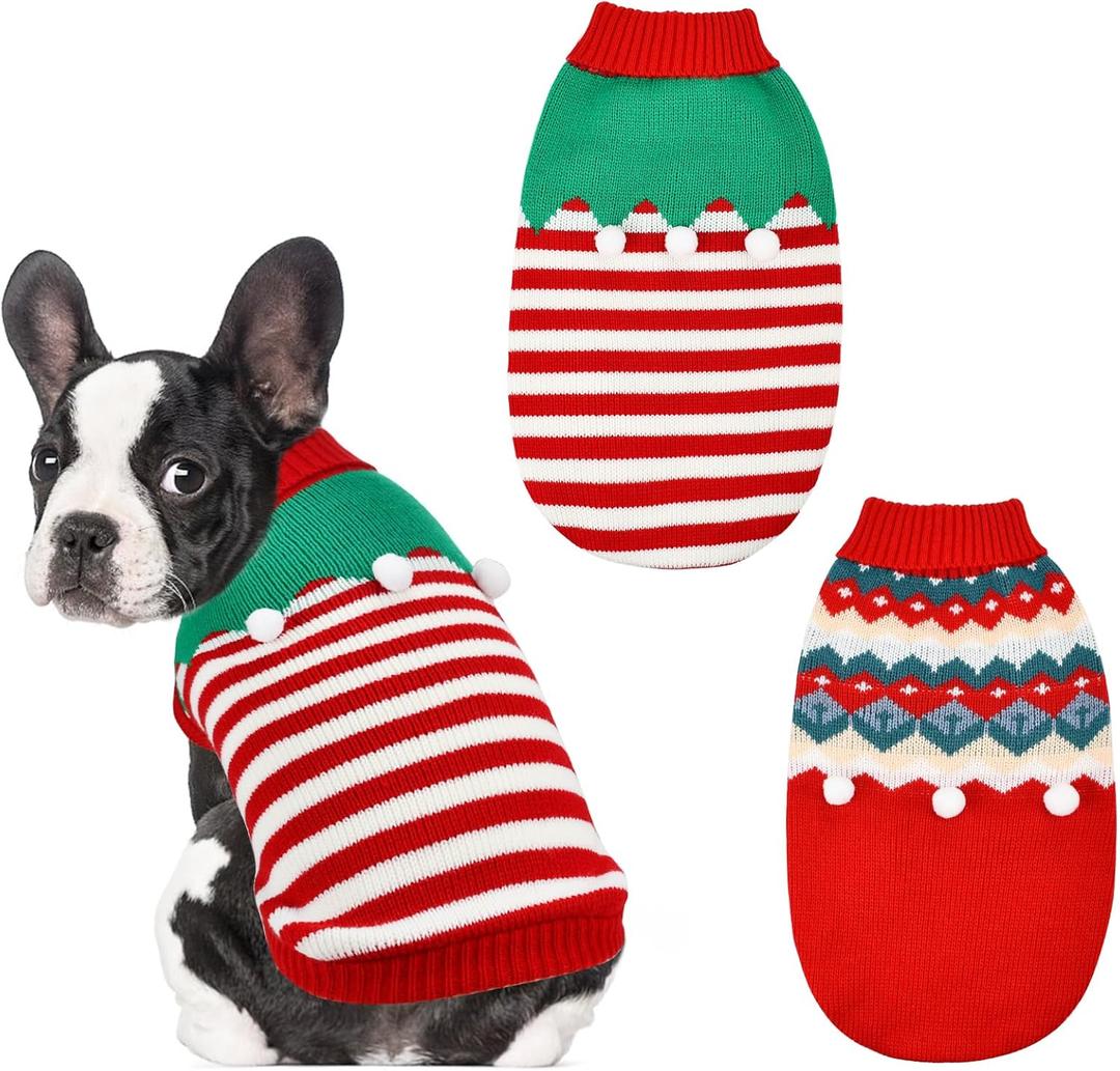 ShuRung 2PCS Puppy Christmas Sweater Cat Turtleneck Knitwear Xmas Elf Outfits Dog Warm Clothes Sweater for Kitties Puppies XXL
