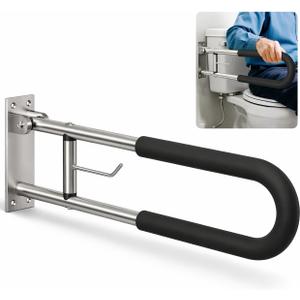 Foldable Toilet Grab Bar, 23.6 Inch Wall Mounted Flip-Up Safety Rail, 2mm Thick Heavy-Duty Rust-Resistant Aluminum Bathroom Support Bar for Elderly, Disabled, Handicap Grab Bars