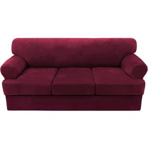 H.VERSAILTEX Sofa Cover 3 Piece T Cushion Sofa Slipcovers Thick Velvet Couch Cover Furniture Protector Stretch T Cushion Sofa Covers for 2 Cushion Couch with 2 Individual T Cushion Covers, Burgundy