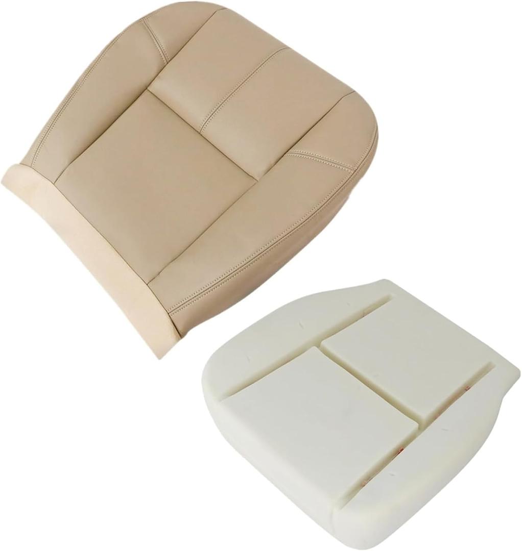 SecosAutoparts Driver Bottom Foam Cushion & Leather Seat Cover Tan Compatible with Chevy Silverado GMC Sierra Tahoe Suburban Avalanche Yukon 2007 2008 2009 2010 2011 2012 2013 2014