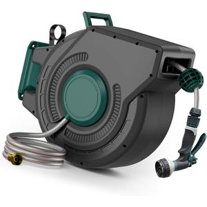 Retractable Garden Hose Reel 1/2 inch x 100 ft, Automatic Slow Rewind System | Heavy Duty Automatic Garden Hose Reels with Kink-Free Rewind and Lock at Any Length, Wall Mount Water Hose Reel for Outside